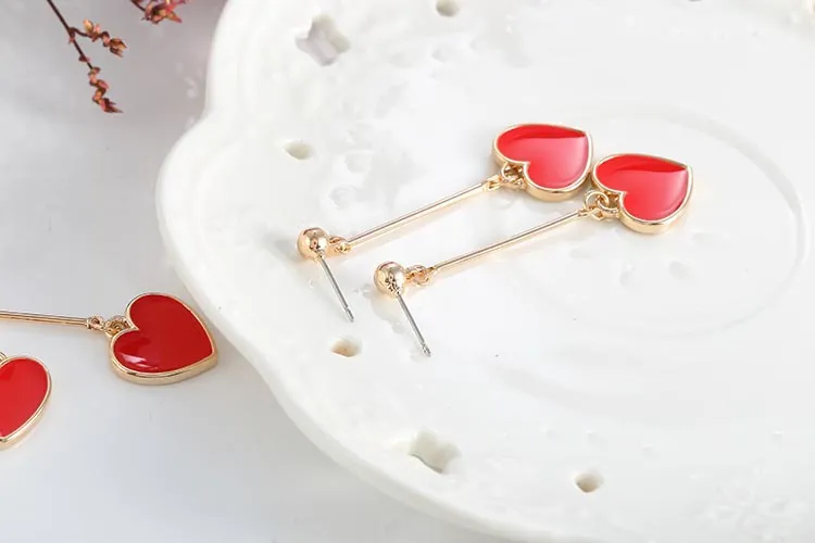 Kovtia-pendientes con Clip y colgante de corazón rojo para mujer, sin Piercing, para boda, pendientes largos sin clip para oreja perforada