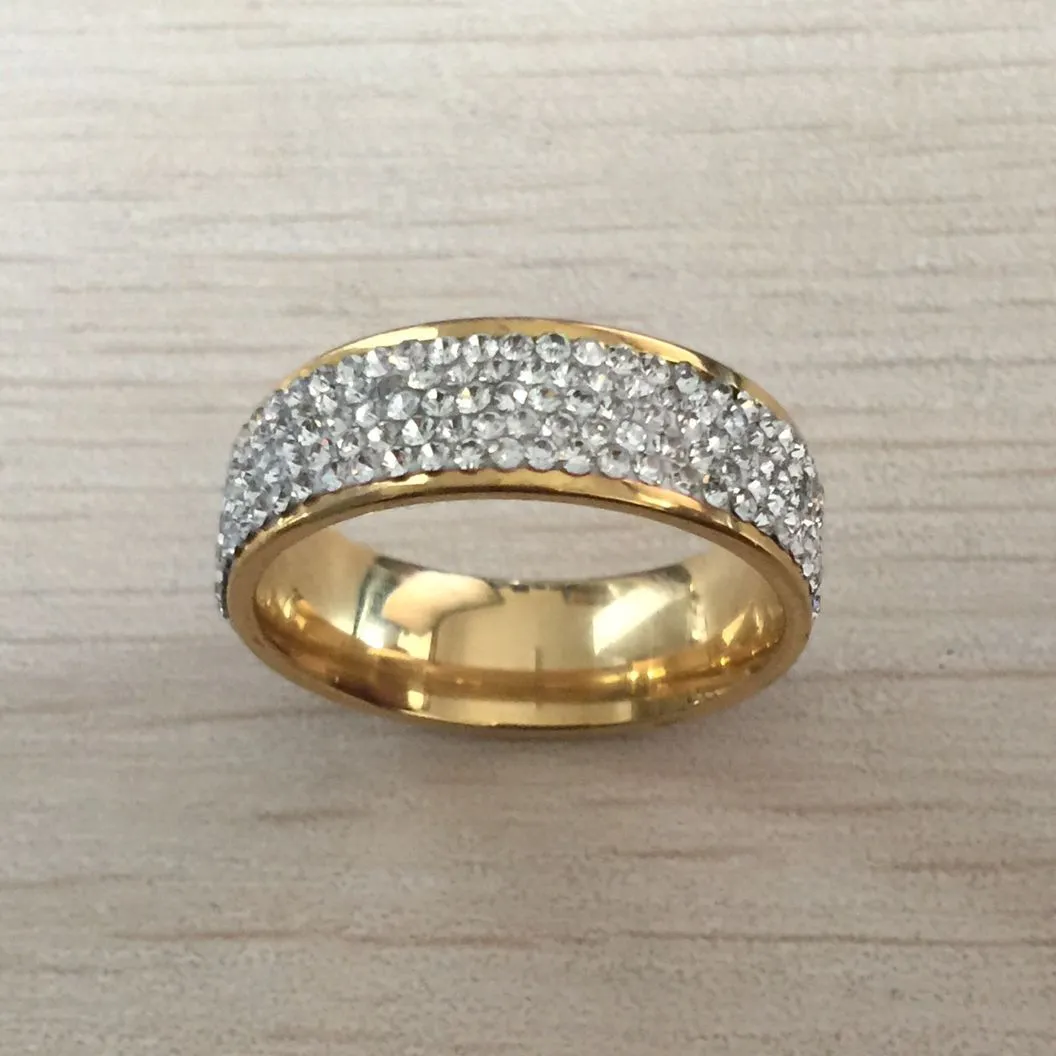 Volledige 5 Rij zirkoon diamanten Sieraden Gratis Verzending Groothandel Goud Kleur Rvs Trouwringen USA maat 7/8/9/10/11/12