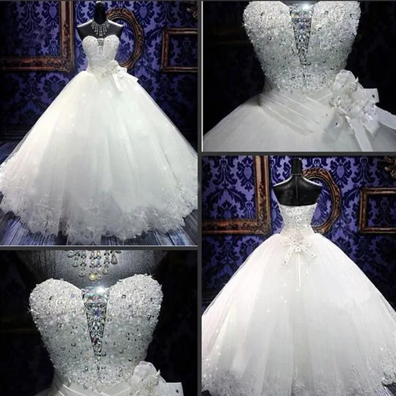 Luxury Bling Bling Ball Kappa Klänningar Puffy Exquisite Kristaller Sequins Pärlor Sweetheart Lace Up Back Wedding Bridal Dress Lace Appliques