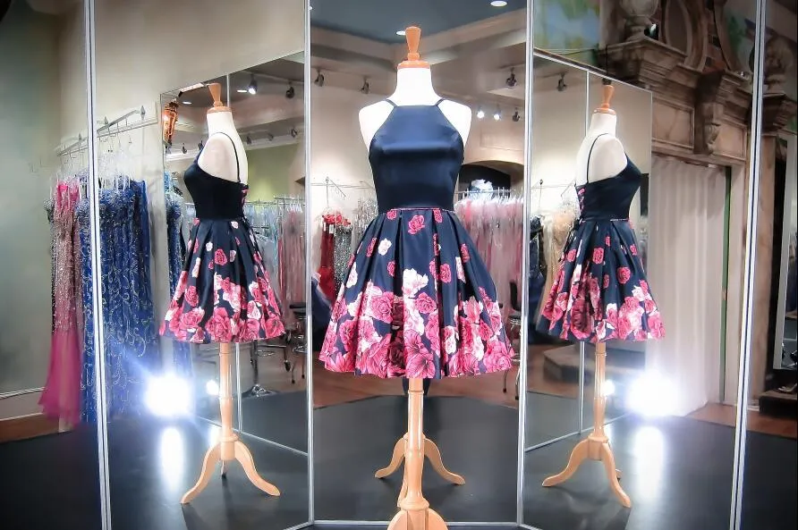 Dark Navy Short Prom Dresses Red Floral Printed Satin A-Line Knee Length Skirt Corset Low Back Formal Cocktail Homecoming Gowns Cheap 2019