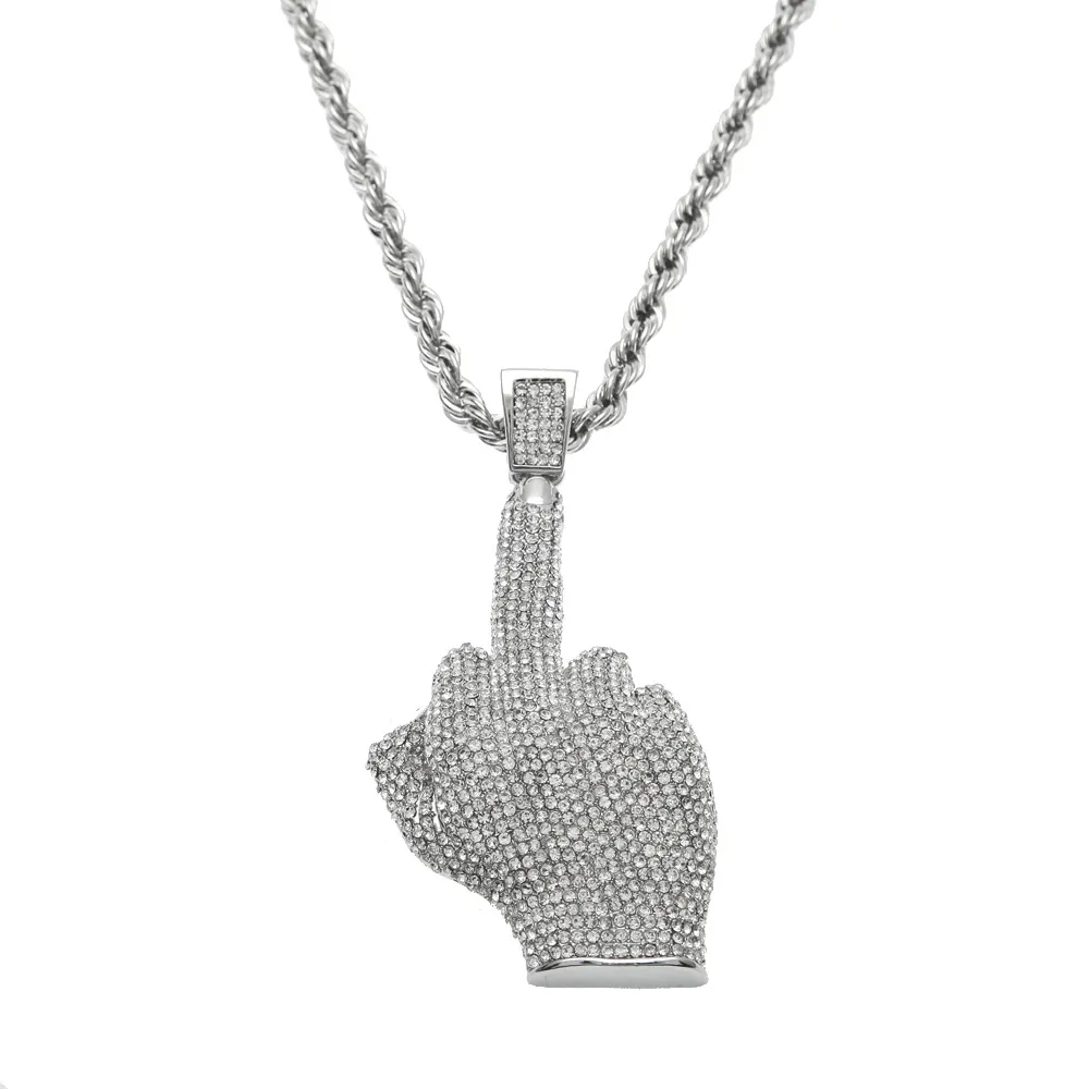 Iced Out Oro Argento Hip Hop Bling Eretto Dito Medio Ciondolo Collana per Uomo Regalo