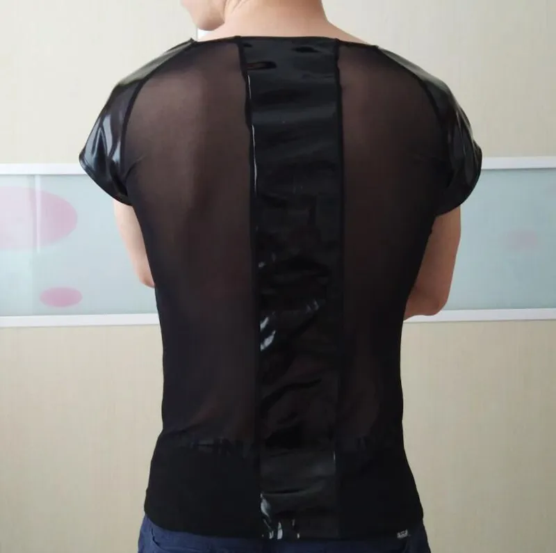 섹시한 남자 가짜 가죽 탑스 이국적인 Clubwear 레이스 업 슬리브 속옷 나이트 클럽 Catsuit 티셔츠