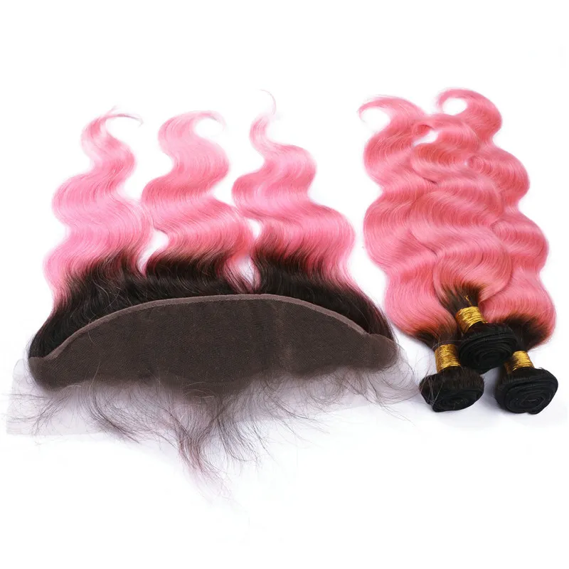 Due toni 1BPink Ombre 13x4 Chiusura frontale in pizzo con 3 pacchi Onda del corpo Radici scure Rosa Ombre Capelli vergini brasiliani con frontale73016038