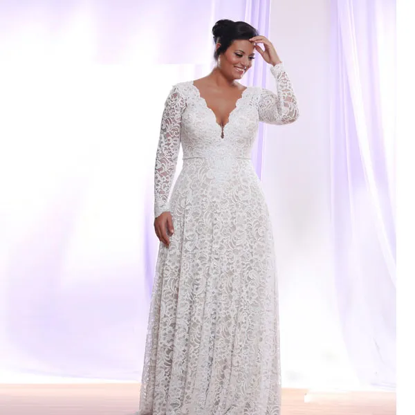 Impressionante Lace Plus Size Vestidos De Casamento Com Mangas Compridas Profundo Decote Em V A Linha Bohemian Vestido De Noiva Até O Chão Praia Vestidos De Noiva