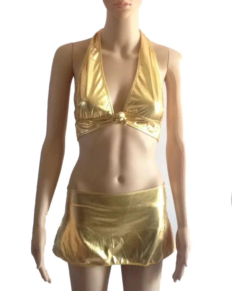 Goud / paars vrouwen sexy unpadded halter bh bikini zomer strand ondergoed glanzende bikini set metallic badmode