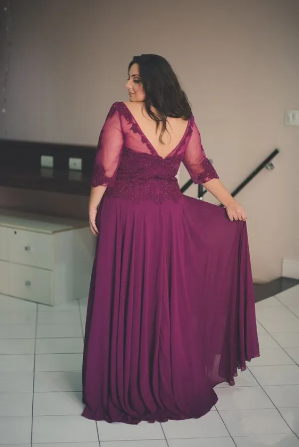 Plus Size Evening Gowns Purple Chiffon Backless Prom Dresses Sheer Neck Lace Appliques Top Formal Dress with Illusion Sleeves Cust7526617