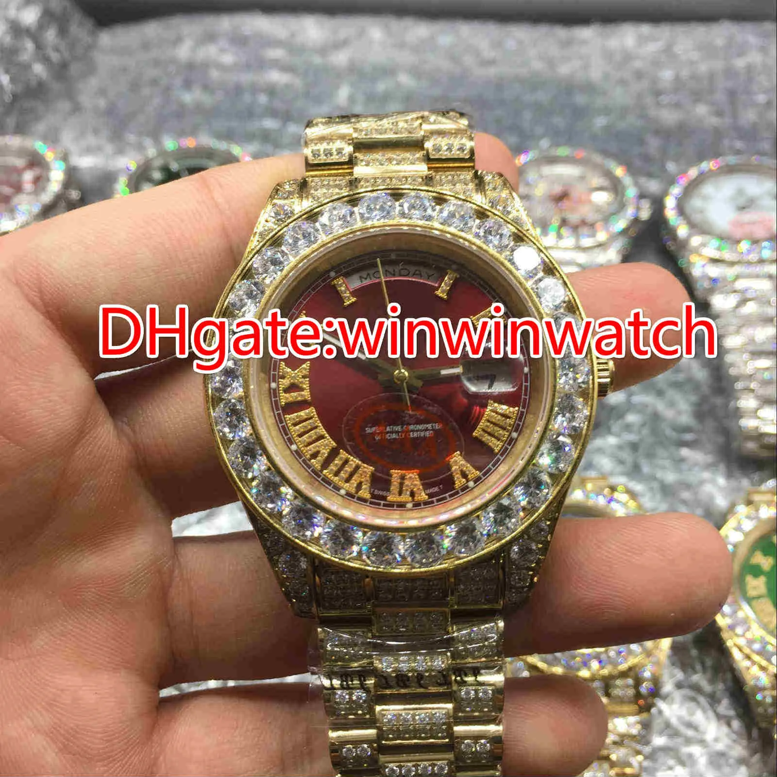 Enorma diamanter Bezel Wrist Watch 43mm Hip Hop Rappers Full Iced Out Gold Case Automatiska klockor 205A