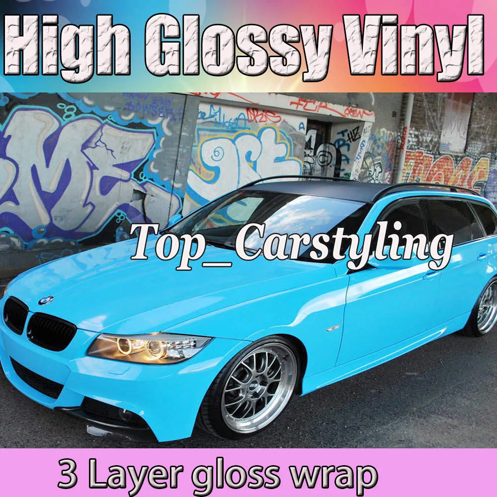 Baby Blauw Glanzend Vinyl Wrap Met 3 lagen Hoogglans Voertuig Wrapping Met Bubble Gratis Glanzende Autobekleding Maat: 1.52x20 m/rol