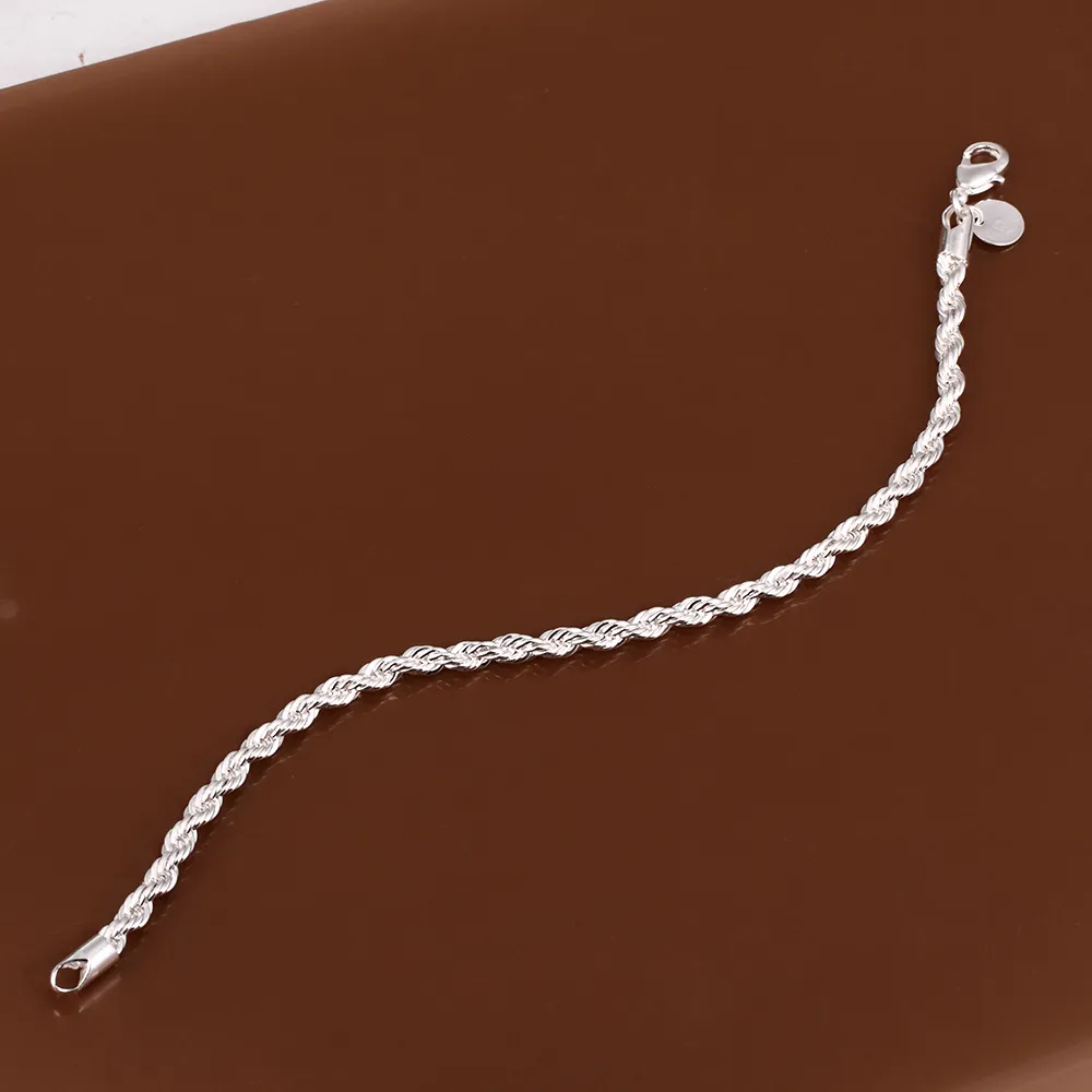 S051 4MM alta calidad 925 collar de cadena de cuerda trenzada de plata esterlina 20 pulgadas pulseras 8 pulgadas conjunto de joyería de moda para hombres