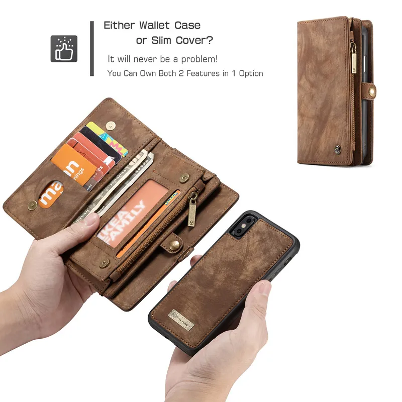 Caseme Magnetische Leder-Geldbörsen-Hüllen, geteilte Reißverschlusstasche, Multi-Slot-Hülle für iPhone 12 11 Pro XS Max XR 8 7 6 Plus Samsung S21 S20 Ultra Note20