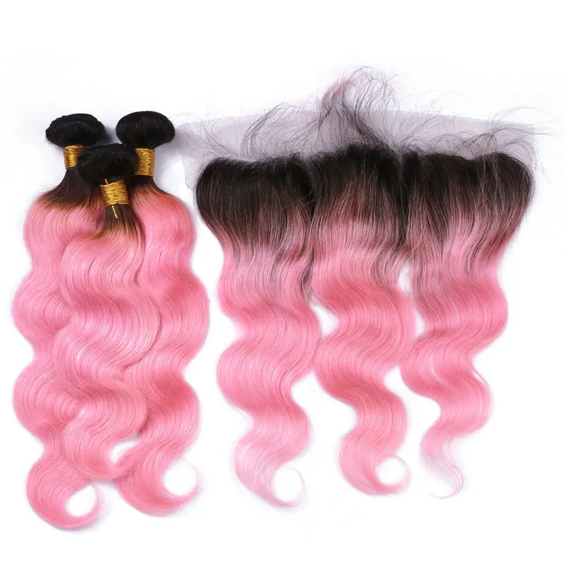 Svart och rosa två ton ombre jungfru peruanska mänskliga hår 3 buntar förlängningar med kroppsvåg rosa ombre full spets 13x4 frontal stängning