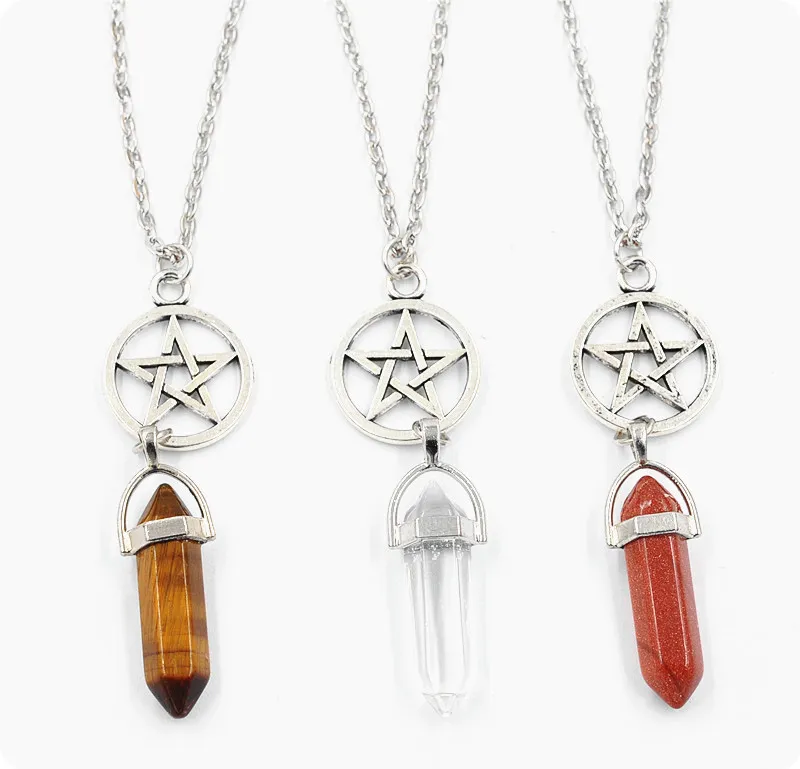 Mode Hexagonal Prisma Naturstenshänge Fempunktsstjärna Crystal Bullet Point Chakra Pentagram Rostfria kedjor Halsband Dam Smycken