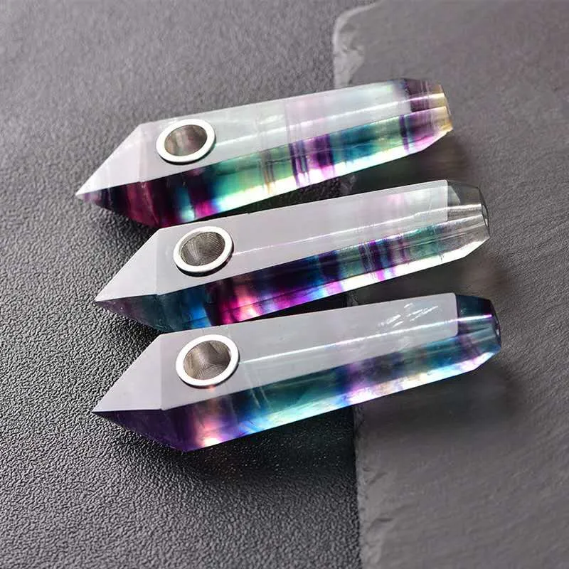 Fabrikspris Naturlig regnbåge Fluorit Quartz Crystal Wand Point Gratis Rökrör med Carb Gratis frakt