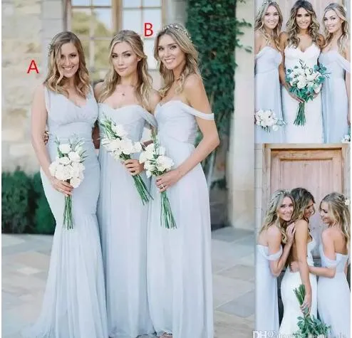 Abiti da damigella d'onore da spiaggia in chiffon blu ghiaccio con spalle scoperte Abiti da festa di nozze estivi Abito lungo semplice ed economico per ragazze