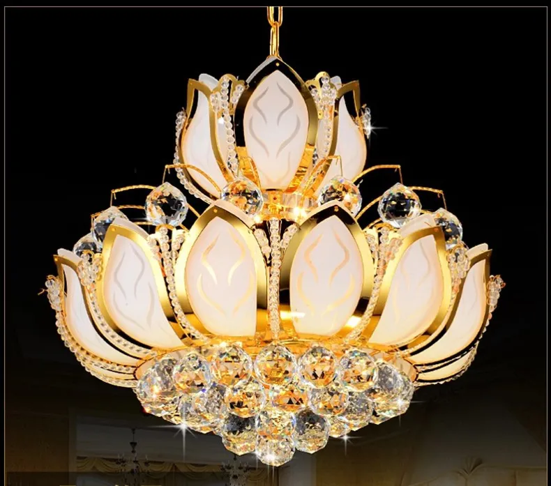 Lotusblüten-Deckenleuchte, moderne Kristall-Kronleuchter, Beleuchtung, E14-Fassung, 7 Lichter, goldene Kronleuchter, 110 V, 220 V, B. 50 cm