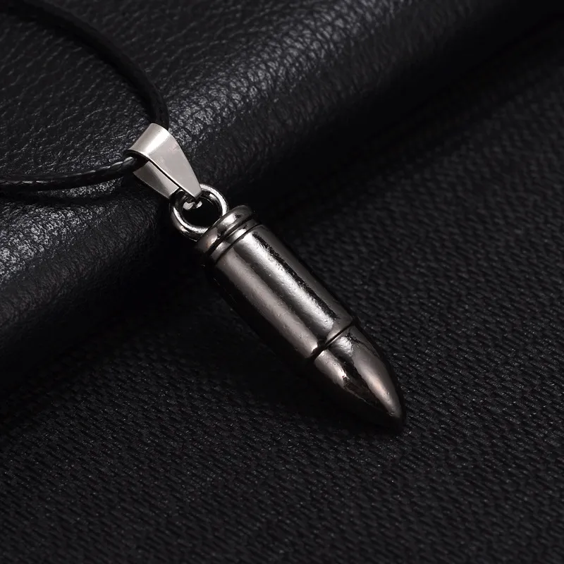 Men Titanium Steel Necklaces Bullet Pendant Leather Chain Necklace Women Jewelry2139679