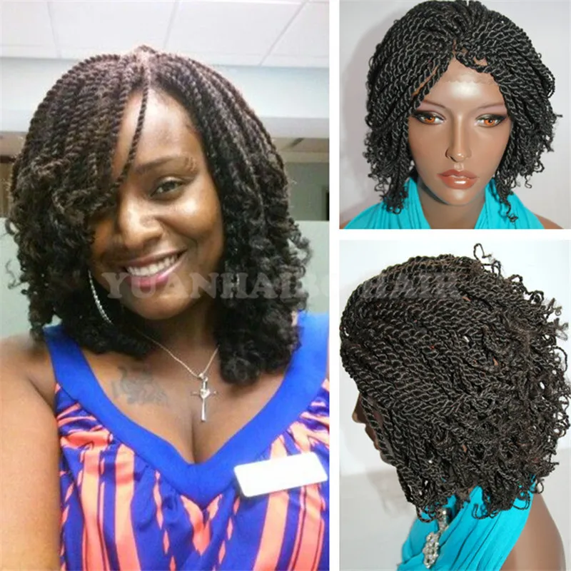 Venda quente 1b preto natural sintético cabelo curto kinky twist trançado perucas para as mulheres negras frete grátis