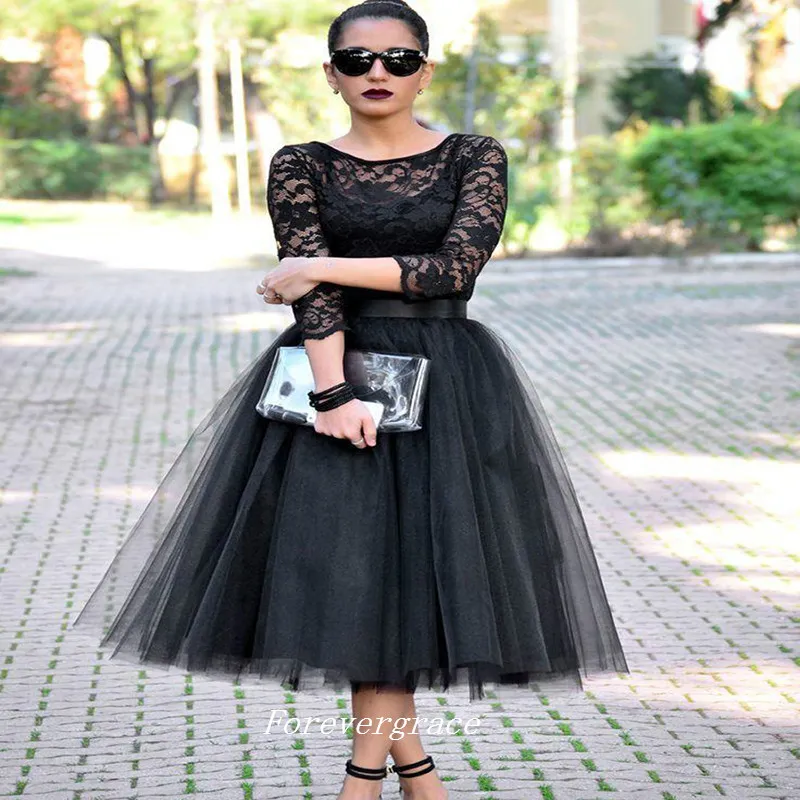 Black Tea Length Cocktail Dress New A Line Tulle Event Gown Homecoming Party Dress Custom Made Plus Size