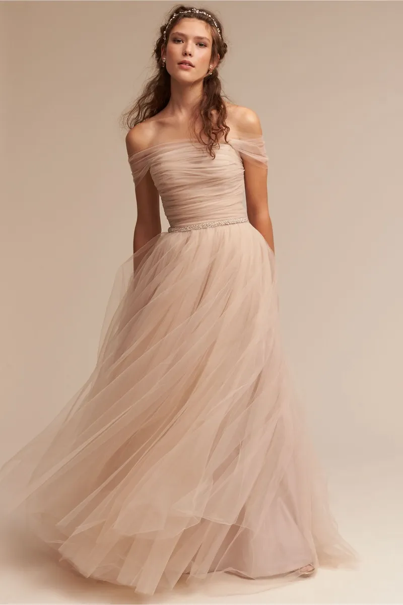 Nude BHLDN Wedding Dresses Off The Shoulder Delicate Sash Bridal Gowns Floor Length A Line Backless Wedding Gown3001