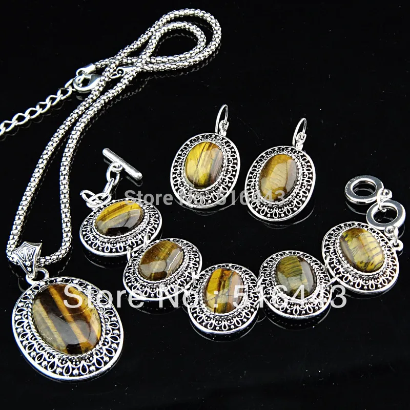 3pcs Antike-Silber-P Großen Oval Natürliche Tiger Steine ​​Ohrringe Armband Halskette Frauen-Weinlese-Schmuck-Set A-697