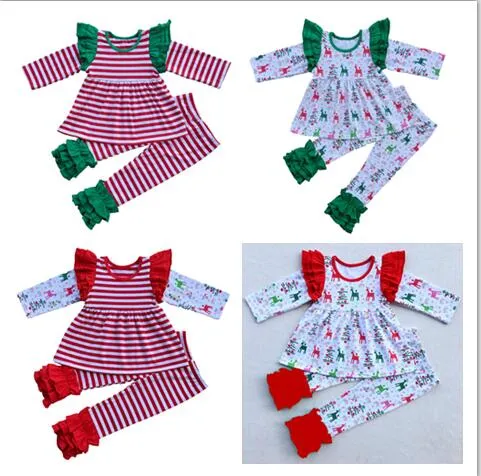 Baby Girl Christmas Cotton Pajamas Suits Long Flying Sleeve Stripe Shirt +Leggings 2 Piece Sets Girls Boutique Party Outfit Kids Clothing