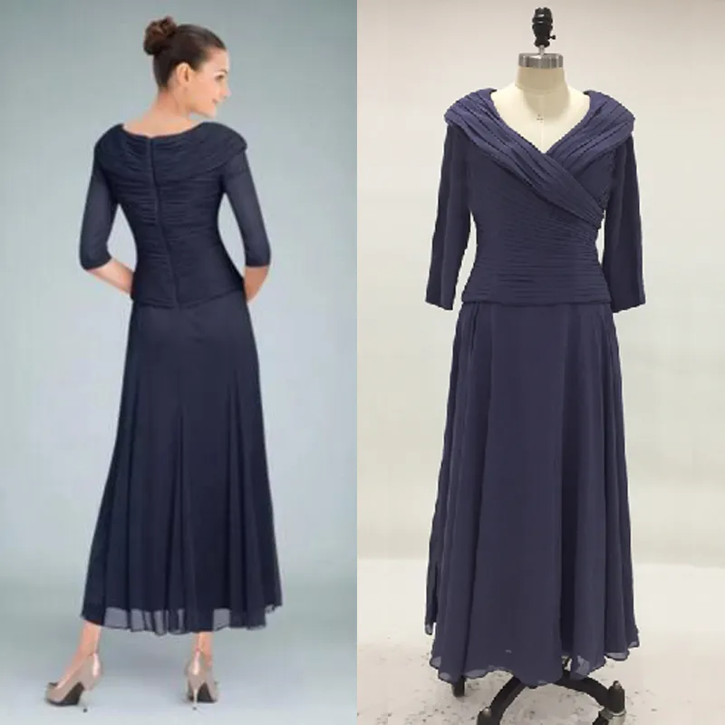 Real Image Dark Navy Custom Colors Tea Längd Mor av bruden Klänningar med Ärm V Neck Ruched Modest Groom Bröllop Gästklänning