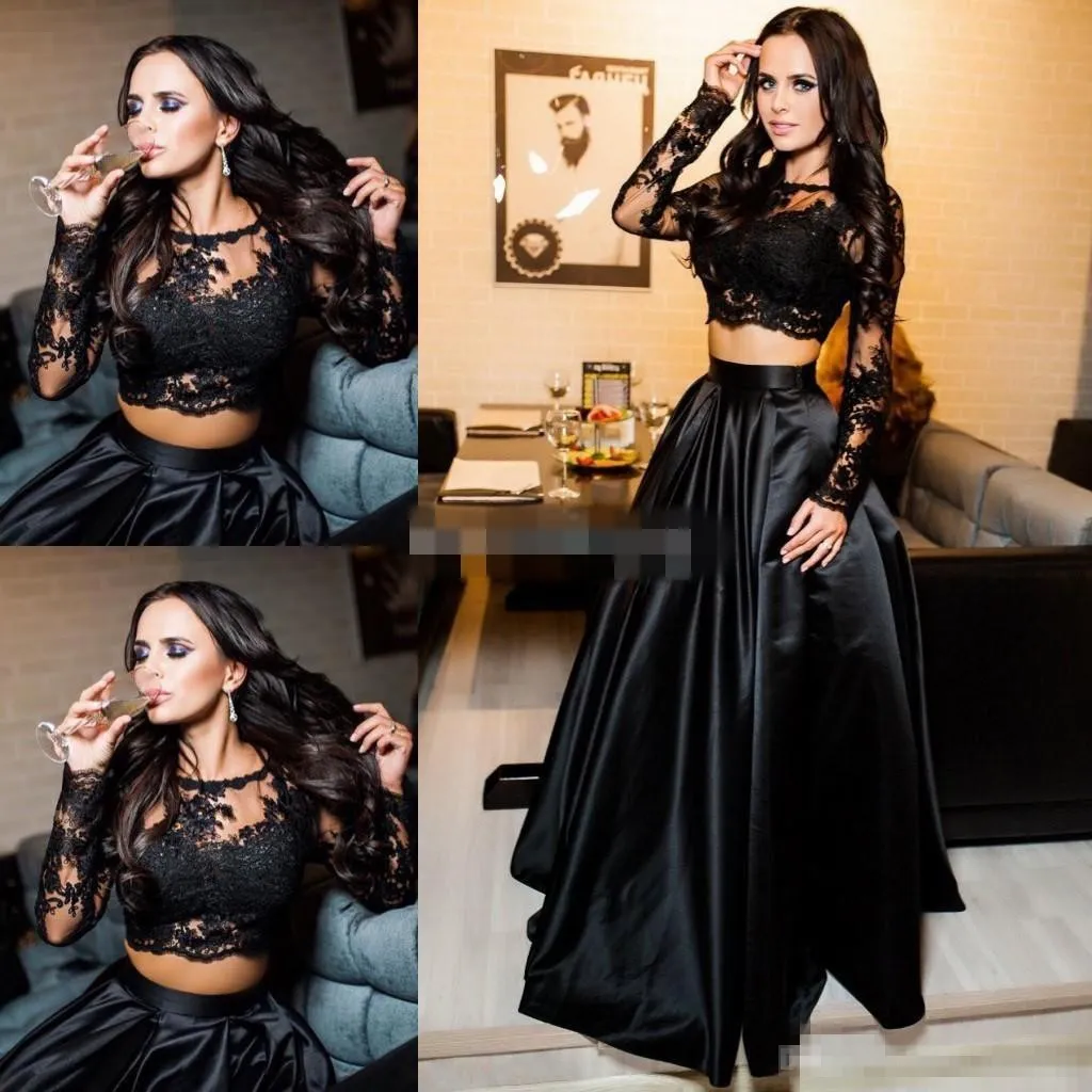 Two Piece Black Charming Prom Dresses Jewel Long Sleeve Appliques Stain Formal Evening Dresses Floor Length Plus Size Cheap Party Gowns