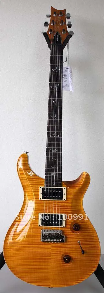 Personalizado 24 Estoque Privado Paul Smith Chama Amarela Maple Top Guitarra Elétrica Branco Mooter de Pérolas Aves Anel Inlay Top Selling