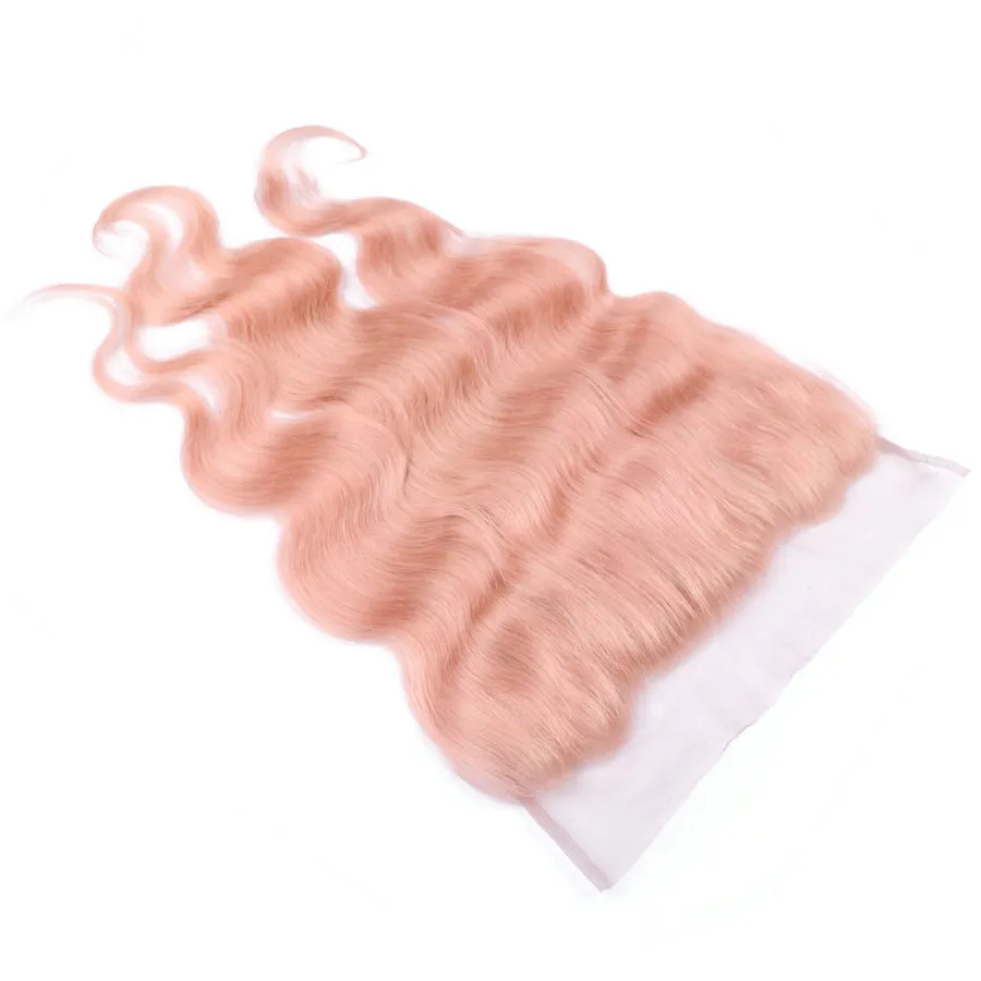 Fasci di capelli umani in oro rosa con chiusura frontale in pizzo Trame di capelli ondulati rosa con chiusura frontale in pizzo Tesse di capelli umani rosa