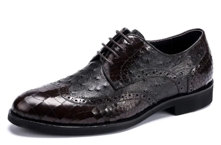 Top end Men leather dress shoes Shallow mouth Crocodile & Ostrich pattern Luxury cow leather manual drilling lace-up shoes