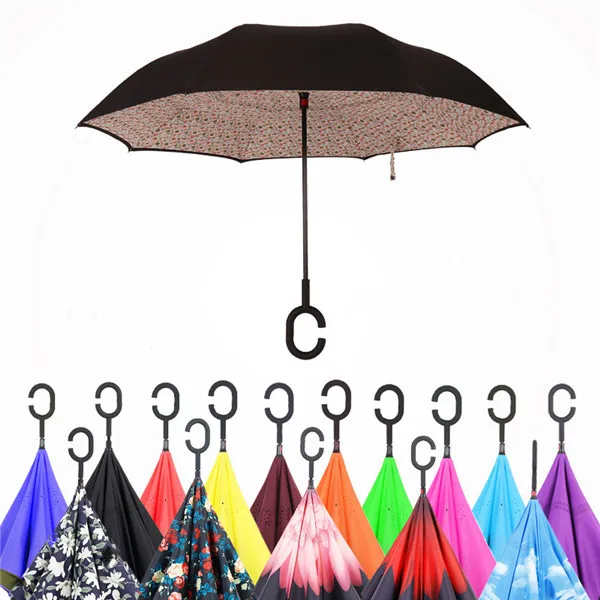 Ветрозащитный инвертированный зонтик складной двойной слой обратный дождь солнцем зонтики наизнанку от самостоятельной стойки с ручкой с C 30Styles