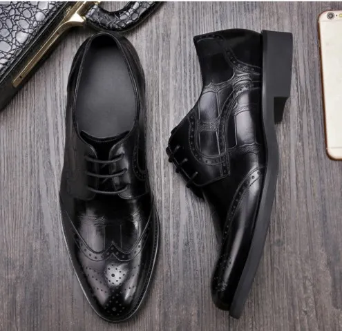 Luxury quality Men leather dress shoes breatheable holes waxed cow leather half munual work National Quality Inspection Certificate