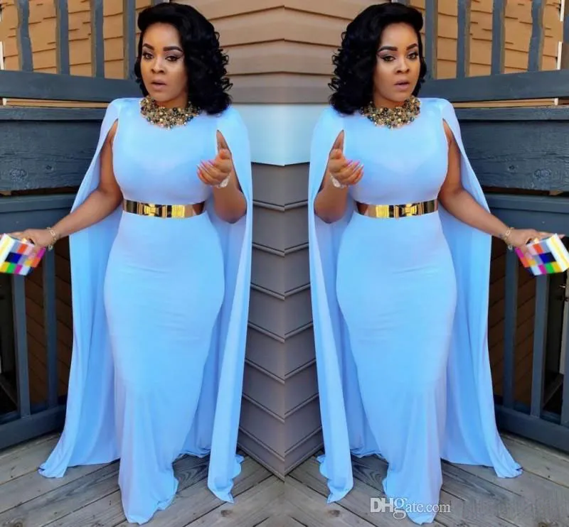 Light Blue Plus Size Cape Style Evening Dresses 2017 Sheath Floor Length Evening Gowns Aso Ebi South African Women Formal Party Dresses