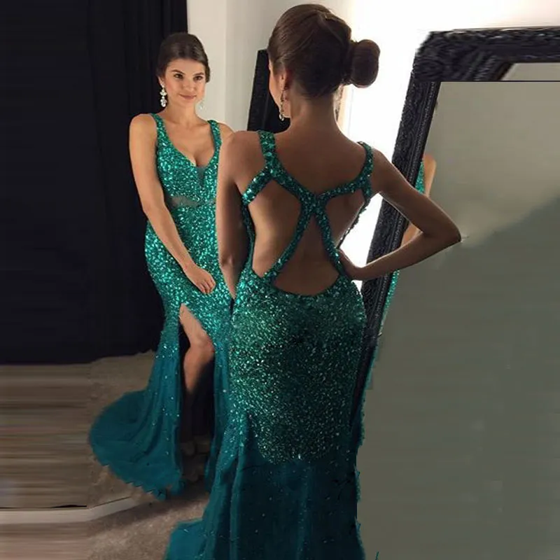 Glitter oro sirena vestidos de largo 2017 tren de barrido de alta hendidura sexy v