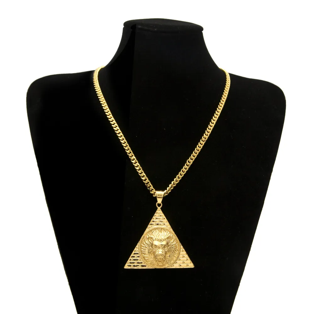 Pyramide égyptienne triangulaire avec pendentifs tête de Lion, en acier titane, couleur or, breloque scintillante pour femmes et hommes, chaîne Hip Hop porte-bonheur 260Q