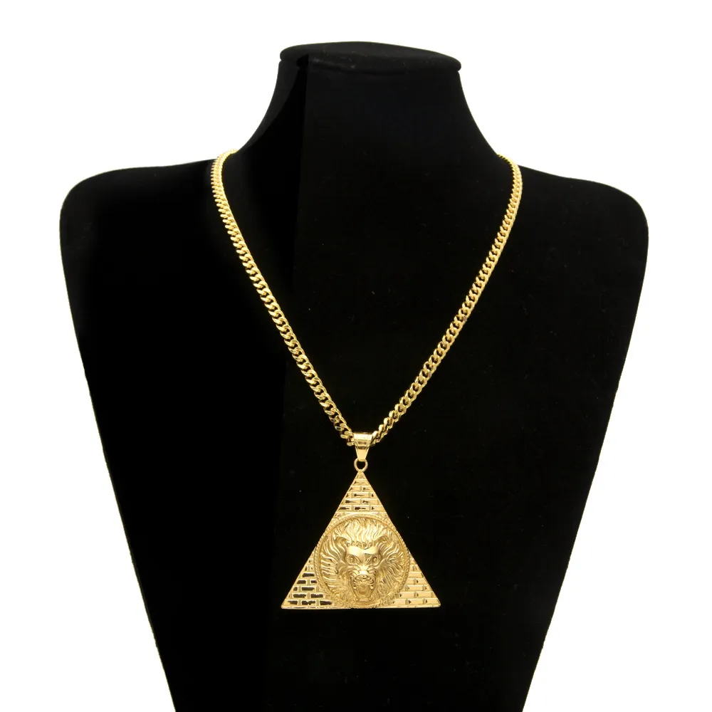 Triangle Egyptian Pyramid With Lion Head Pendants Titanium Steel Gold Color Bling Charm Women Men Lucky Hip Hop Chain297u