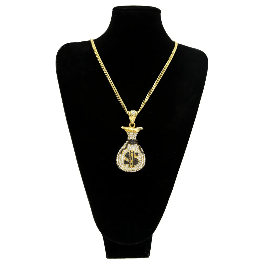 Hip hop guld silver pengar pengar väska hängsmycke för män kvinnor bling crystal dollar charm halsband med kubanska kedja smycken