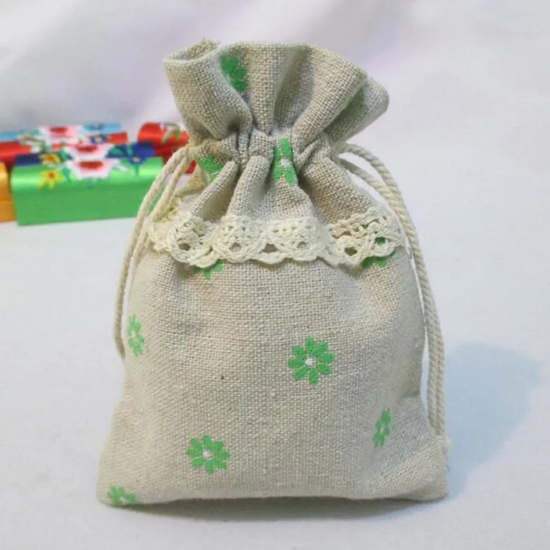Mini Natural Lace Decoration Linen Drawstring Flower Print Wedding Favor Bag Pouch Party Gift Bags Jewelry Case ZA1398