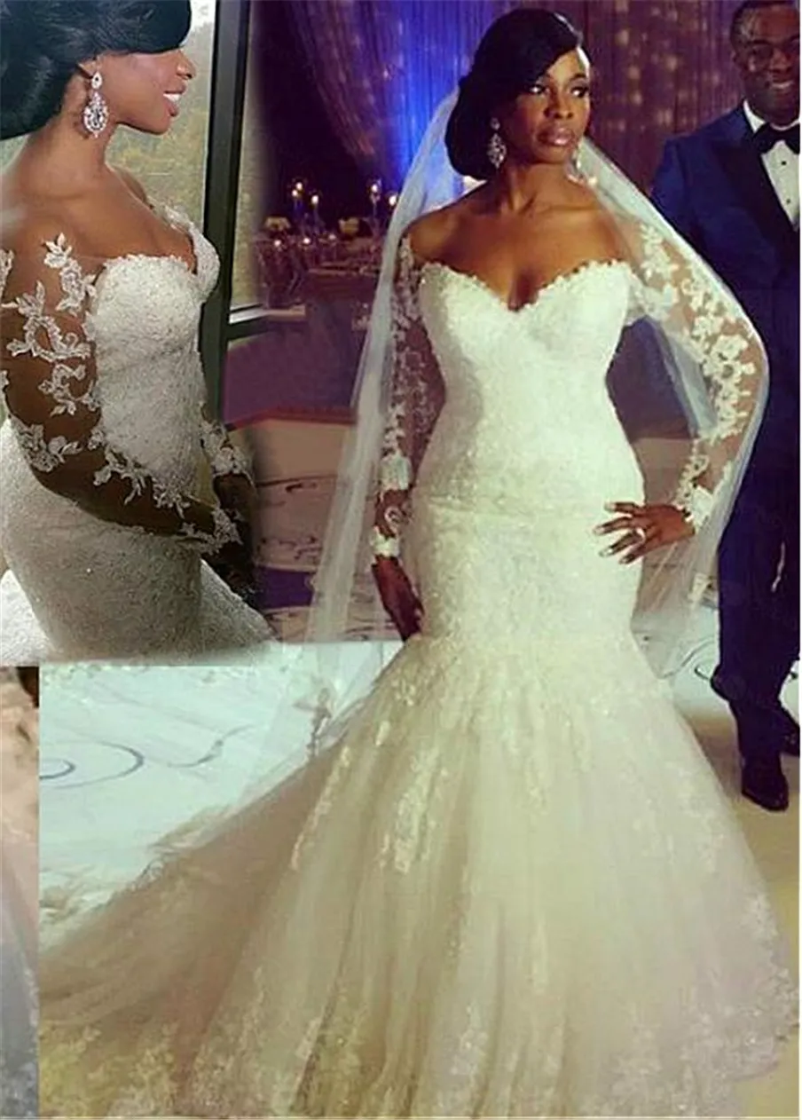 Splendidi abiti da sposa a sirena con scollo off-the-spalla in tulle con applicazioni di pizzo con perline Abiti da sposa taglie forti maniche lunghe