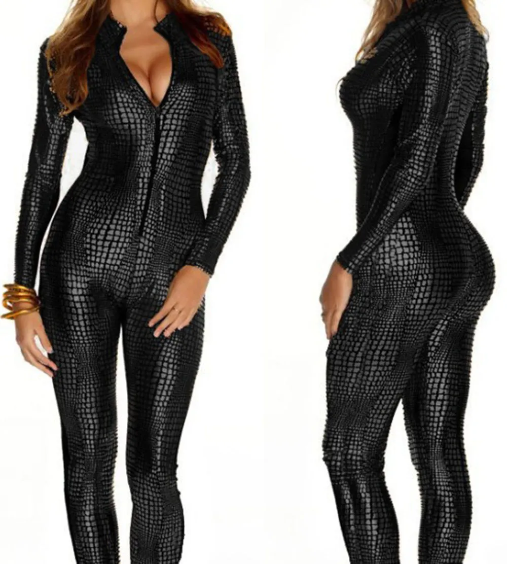 3 färger nyhet snakeskin kostym damer sexig faux läder catsuit spel cosplay gothic dragkedja upp jumpsuit tjej nattklubb dansar kläder