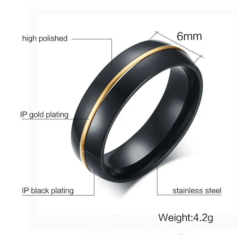 Mens preto banda de casamento anel de jóias 6mm 18k canal banhado a ouro com arco topo e acabamento polido bordas R-195