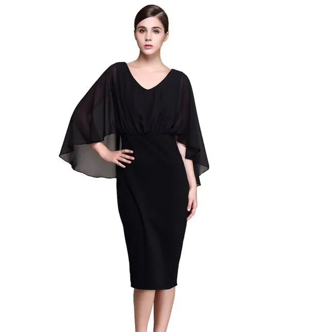 Plus Size S tot XXXL Black Chiffon Cloak Batwing 3/4 Mouw Knielengte Schede Jurken Dames Lente Zomer 2017