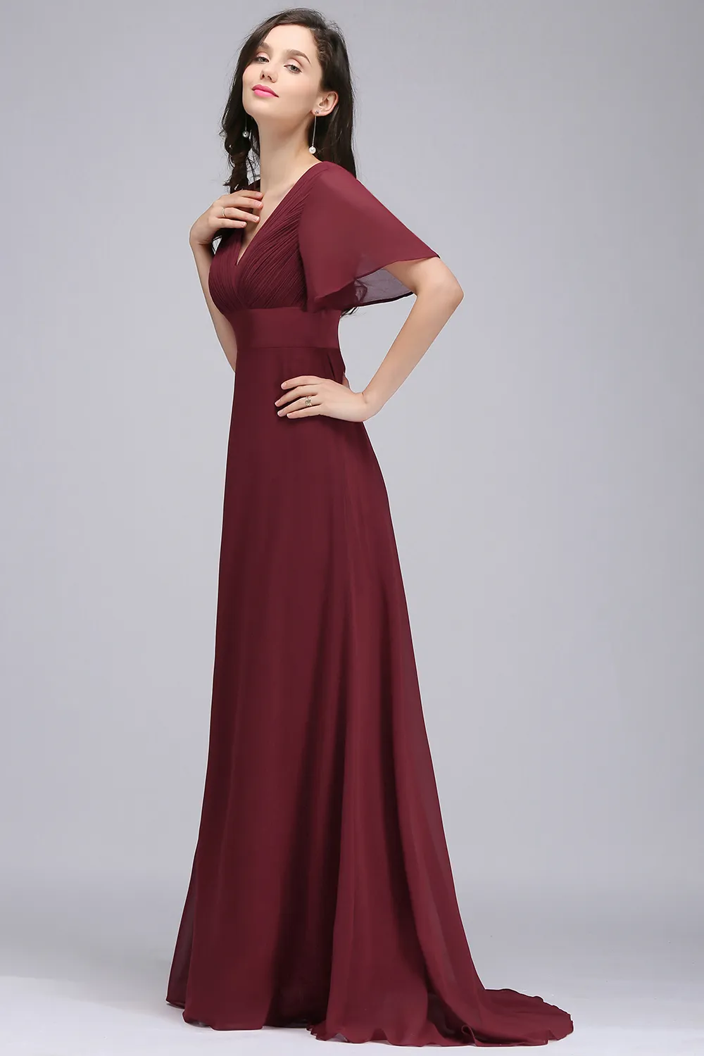 Wholesale Price Dark Red Long Chiffon Evening Dresses V Neck Low Back Flowy A Line Evening Party Gowns with Speaker Sleeves Cheap Online