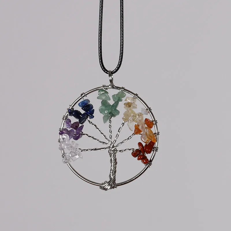 Women Rainbow 7 Chakra Amethyst Tree Of Life Quartz Chips Pendant Necklace Multicolor Wisdom Tree Natural Stone Necklace