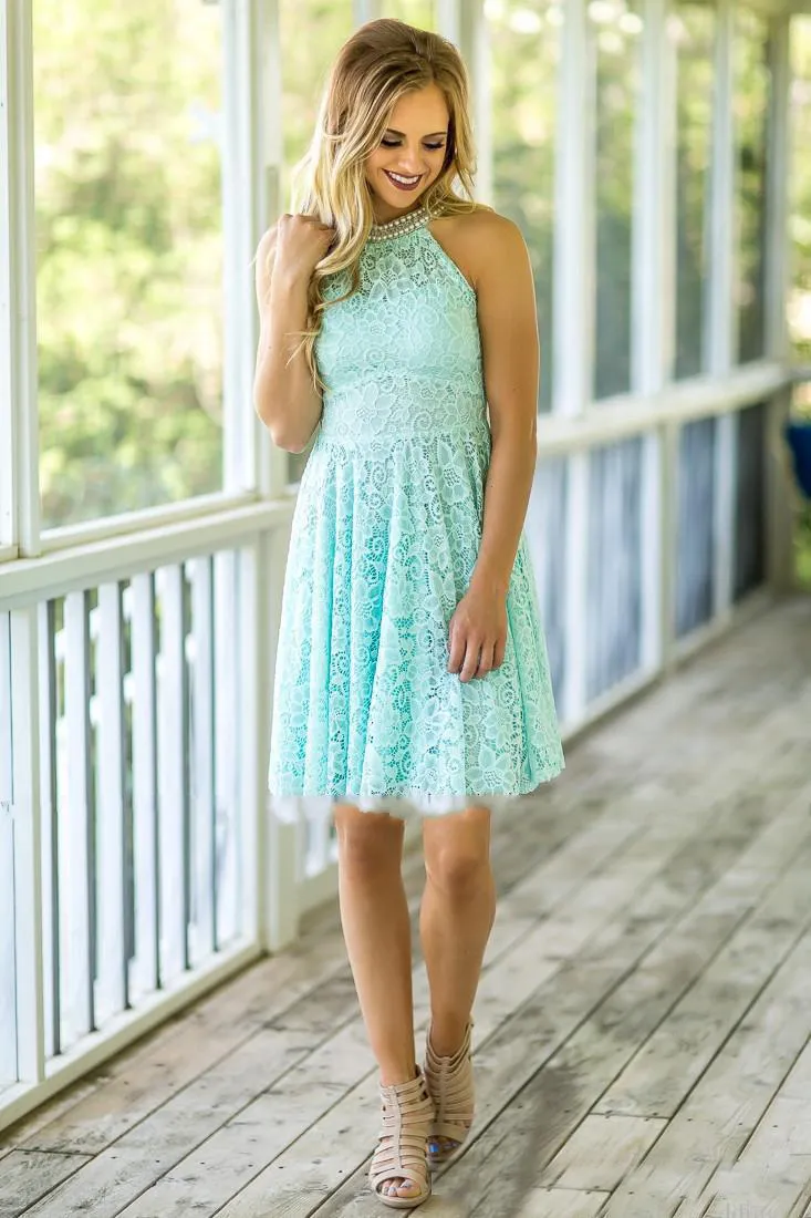 Gorący Sprzedawanie Krótkie Koronki Druhna Sukienki 2019 Mint Country Beach Party Z Perłami Klejnot Neck Długość Długość Maid of Honor Suknia