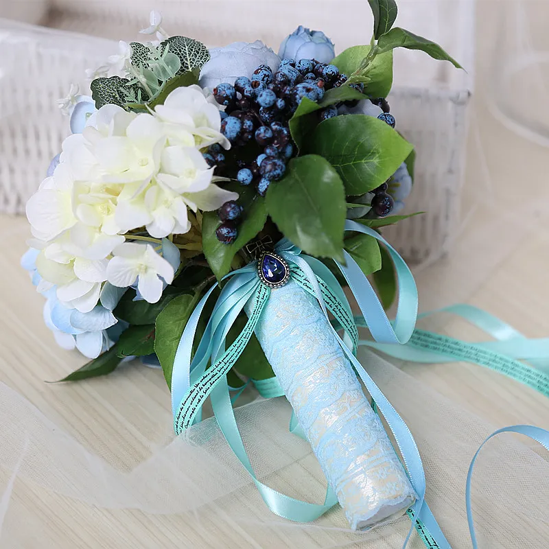 Eleganti bouquet da sposa Fiary Flowers con accessori da sposa in pizzo Alta qualità 2017 Bouquet da sposa nuovo arrivo Azzurro