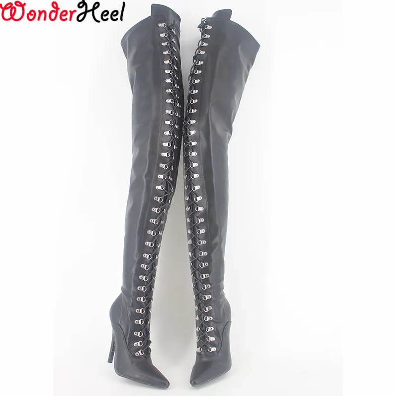 Wonderheel Extreme high heel 12cm stiletto overknee boots matte thigh high boots sex fetish high heel lace up crotch boots