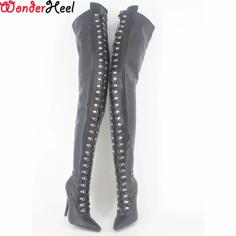 Wonderheel Aşırı Yüksek Topuk 12 cm Stiletto Overknee Çizmeler Mat Uyluk Yüksek Çizmeler Seks Fetiş Yüksek Topuk Lace Up Crotch Botlar