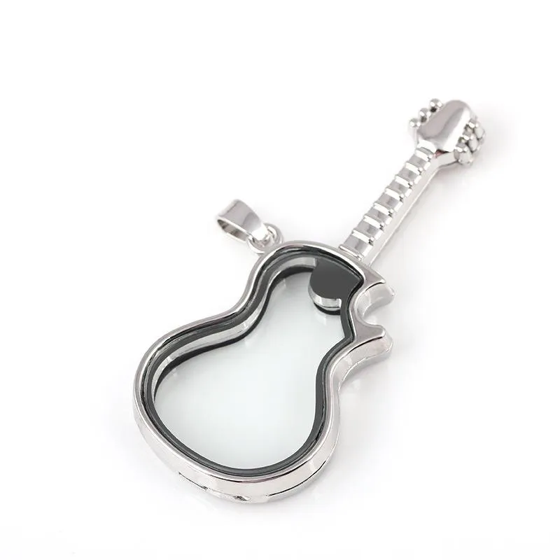 Einzigartige Gitarrenform Glas Floating Charm Medaillons Living Photo Memery Charm Medaillons Anhänger 925 Silber Kette Halskette