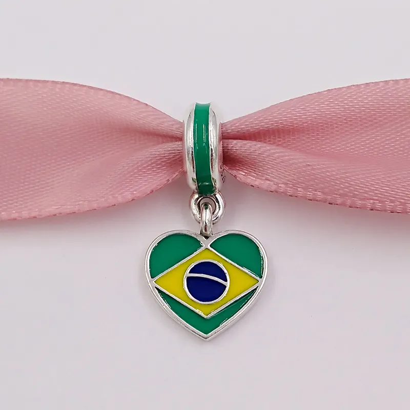 Andy Jewel 925 Silberperlen, Brasilien-Herzflagge mit Emaille, passend für europäische Pandora-Armbänder und Halsketten zur Schmuckherstellung 791911ENMX